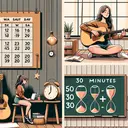 Create a scene where a young woman, who is Caucasian, is practicing on an acoustic guitar in a cozy environment. Beside her, depict a calendar on the wall, marking off the weekdays and Saturday. Visualize an hourglass or a stopwatch showing 50 minutes for Saturday and 30 minutes for a weekday. Finally, add a simple mathematical equation on a chalkboard in the room - an 'X' representing the weekdays and a number signifying the total minutes. The final image should not include any text.