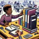 Draw an image of a classroom setting. In the foreground, visualize a student named Sven organizing a school supply display. Sven, a Black teenager with curly hair, is placing a pile of 52 notebooks and 42 binders in equal groups on a wooden table. Each group should contain the same number of notebooks and binders. The notebooks are colorful with a spiral binding, and the binders are dark-toned with metal rings. Make sure the image contains no text.