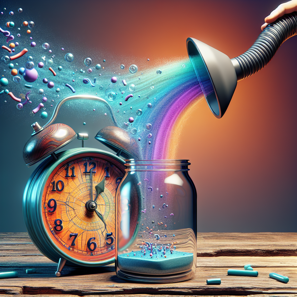 Imagine a visual scene with an animated alarm clock in vibrant colors. The clock is resting on an old wooden table and emanates sound waves symbolizing the ringing of the alarm. Over this, a transparent glass jar is being lowered, almost touching the table. There are small particles surrounding the clock, representing air. An elongated nozzle attached to a vacuum is positioned at the edge of the jar, symbolizing the air being sucked out of the jar. Please keep the image without any text.
