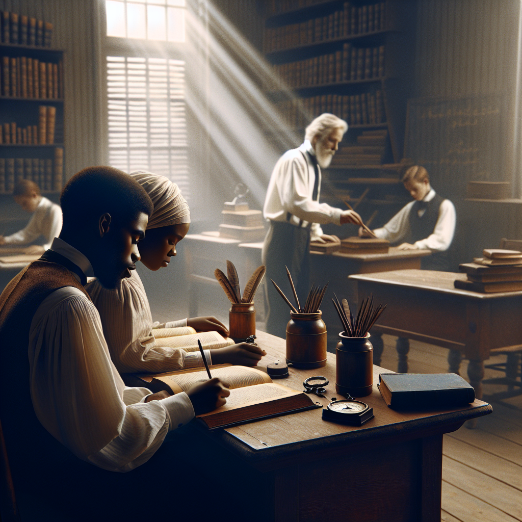 Create an evocative and symbolic image of a turn of the century classroom scene, with an African American man and woman studying at a wooden desk, books and quills scattered across the table. In the background, a white male is meticulously cleaning the room, symbolizing their erstwhile servitude while highlighting the change. The atmosphere is calm and reflective, with shafts of light from a nearby window illuminating the diligent students and the diligent worker alike.