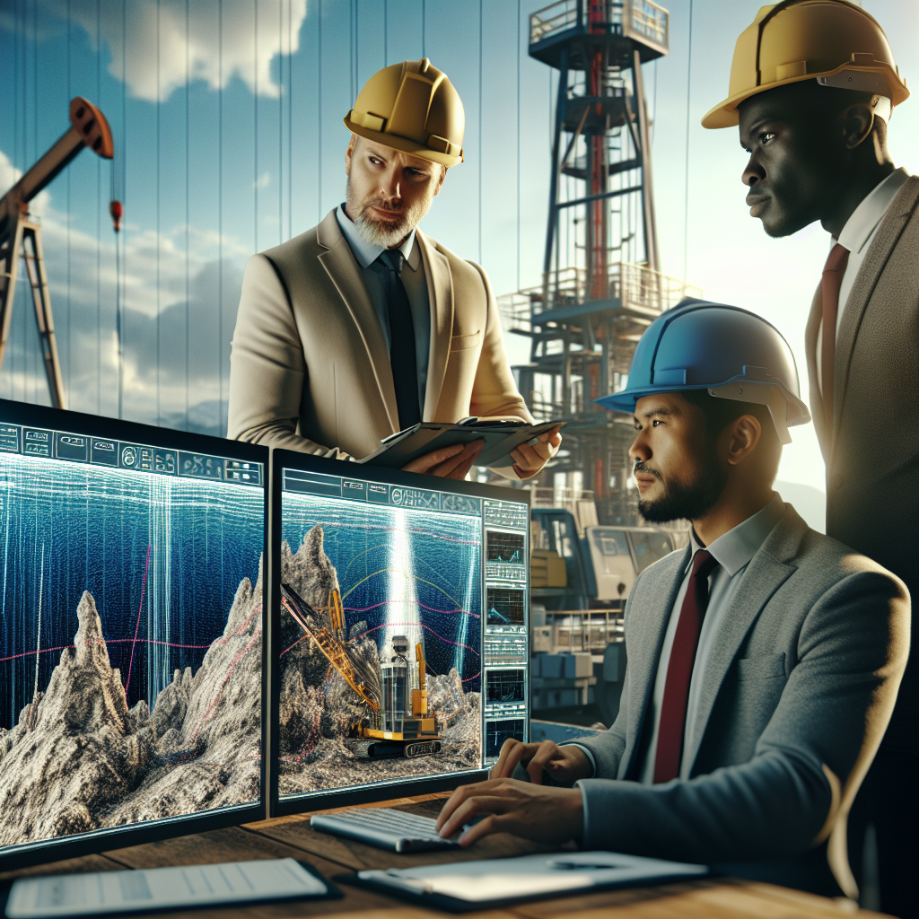 Create an image illustrating the concept of multi-angled rock penetration due to a certain technology in the field of geology without any text. Visualize the scene as three engineers of diverse descents - Caucasian, South Asian, and Black - two males and one female, wearing helmets and safety gear, focused on a monitor displaying 3D seismic data. The background should consist of a machine performing the operation on a large rock formation, drilling into it from different directions.