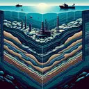 Please produce a visually appealing and informative image representing petroleum and natural gas. This should consist of a deep, hidden section beneath the ocean floor, showcasing the natural formation of petroleum and natural gas deposits. Illustrate the rock folds, possibly a cross-section of the ocean floor where these resources are found. Remember, the image should be absent of text.