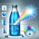 A detailed scientific illustration demonstrating light passing through a container filled with a blue sports drink. The illustration should display the direction and color changes of the light beam as it enters and exits the beverage. Include visual elements like a glass bottle brimming with the vibrant blue liquid, the light beam penetrating in, refracting within, and emerging out of the drink, subtly altering in hue and direction through this journey. Please make sure not to include any text or words within the image.