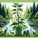 Create an illustrated image representing the concept of an invasive species. Show an unidentified plant with aggressive growth overtaking a diverse ecosystem. The plant should have wide, bright green leaves and yellow blossoms. Additionally, depict a few native animals subtly trying to adapt to this rapidly changing environment. This should all originate against a backdrop of a serene pond surrounded by dense forest. The image is to be complex, providing a visually appealing and educational perspective on the issue of invasive species, without involving any text.