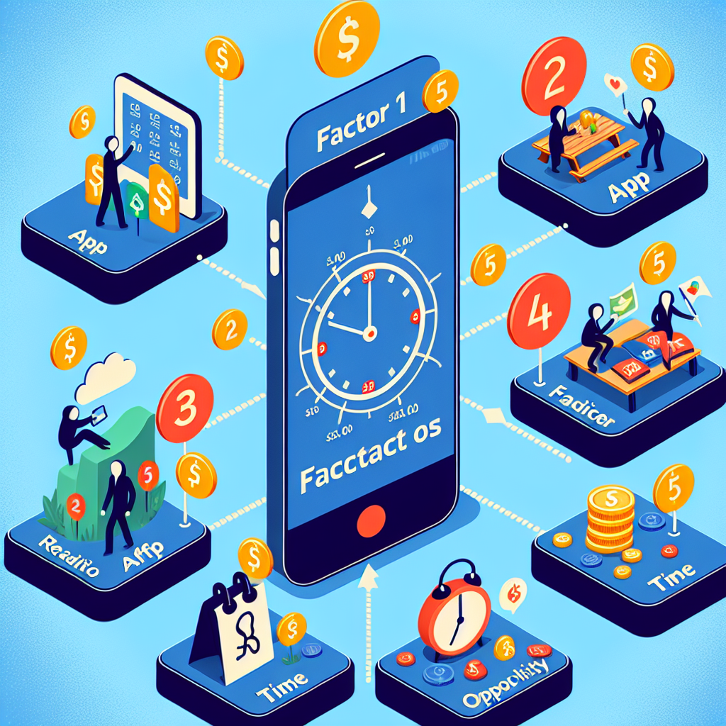 Design an image that visually represents the factors affecting the price of a smartphone app. The image should include symbolic representations of the five factors. For factor one, illustrate a group of apps with differing price tags. For factor two, depict a selection of various smartphones with price tags attached. For the third factor, illustrate traditional offline activities such as reading a book, having a picnic, playing board games, each with a price tag. For factor four, show a clock running out of time, symbolizing time scarcity. And lastly, for factor five, visualize a scale weighing two options, representing the opportunity costs of consumers. Remember, the image should have no text.