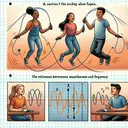 Create a detailed image that illustrates a wave study scenario. Show two racially diverse students of different genders holding a jump rope ends and creating waves. Then, depict one student making the action of moving the rope faster. Additionally, spread across the image, add four separate, neat tables representing the relation between wavelength and frequency, as studied by four fictitious students named Darius, Kathryn, Anya, and Franco. Finally, illustrate two points at the top and bottom of a wave, and a central line indicating the resting position of a wave. Ensure no written text appears in the image.