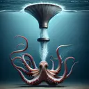 Generate an image of an octopus underwater, illustrating Newton's third law. Show the octopus in the middle of propelling itself by ejecting water out of a funnel-like structure in its body. The water should be seen dynamically exiting the octopus in one direction, while the creature moves in the opposite direction. Make sure to enhance the contrast between the octopus and the surrounding waters.