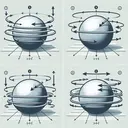 Visualize a simple, appealing physics diagram that represents a moving object (a sphere) with arrows indicating various force vectors. Show four different scenarios. In the first scenario, illustrate two forces of equal magnitude acting on the sphere in opposite directions. In the second scenario, depict an additional force acting on the sphere, opposing the sphere's motion. In the third scenario, visualize a force acting in the direction of the sphere's motion being removed from the sphere. In the final scenario, show a force acting in the direction opposite the sphere's motion being removed from the sphere. Make sure the image has no text.