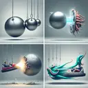 An illustrative montage, no text, showcasing Newton's Third Law of motion. Image one, a ball mid-bounce against the ground, the unseen forces acting in opposite directions. Image two, two bumper cars mid-collision, spurring away due to equal and opposite reactions. Image three, two identical metal balls hanging side by side, one being pulled away. The moment of its release, swinging back to impact the other. Image four, an octopus underwater, ejecting a gust of water from a body funnel. The jet of water pushing against the octopus as it propels forward in response.