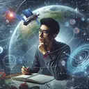 An image that visually represents a student deeply engrossed in calculating the parameters of a satellite orbit. The student, an Asian male, is surrounded by symbolic representations of various elements such as the satellite orbiting Earth, the Earth's radius, and the concept of gravity. There should be no literal equations or text in the image. The student should appear thoughtful and engaged, while the different elements float around him. The overall atmosphere should convey a sense of exploration and knowledge-seeking.