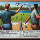 Illustrate a stimulating and explanatory scene of two individuals, Blake and Drew, engaged in a game of horseshoes. Blake, a Caucasian male, throws his horseshoe first and it lands three-fourths of the way to the target. Then, Drew, a Hispanic male, takes his turn with his horseshoe sailing past the target. The image should include potential answers to their results written as text: 1. Drew used a horseshoe with more mass and threw with less force than Blake. 2. The horseshoes have the same mass, but Drew threw with more force than Blake. 3. The horseshoes have the same mass, but Drew threw with less force than Blake. 4. Drew used a horseshoe with more mass and threw with the same force as Blake.