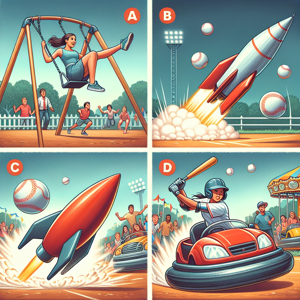 An engaging educational illustration showcasing the four options in a physics context. It should include: A) Two swings at a playground in motion, about to collide. B) A rocket thrusting upward from the ground with propelling exhaust gases visible beneath it. C) A South Asian, female baseball player in mid-swing hitting a baseball with a bat that's visibly showing signs of shattering upon impact. D) Two bumper cars within the lively environment of an amusement park, colliding with a significant change in their direction. No text should be included in the image.