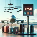 Visualize an airport scene showing an airplane on a runway with open storage compartments. In the foreground, show several suitcases, each labeled with a tag stating '25 pounds.' A digital weighing scale next to the suitcases should display the number 1750, representing the maximum capacity of the airplane. Do not include any text apart from the tags and weight on the scale. Please maintain a serene airport atmosphere with daylight and clear skies.