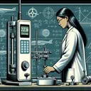 An illustration that encapsulates the concept of measuring force without containing any text. The image showcases a laboratory setting with detailed scientific instruments such as a force meter and weights. In the foreground, an Asian female scientist is analyzing readings on the force meter. The background has a chalkboard with drawings of fundamental physics formulas symbolizing the science of force measurement.