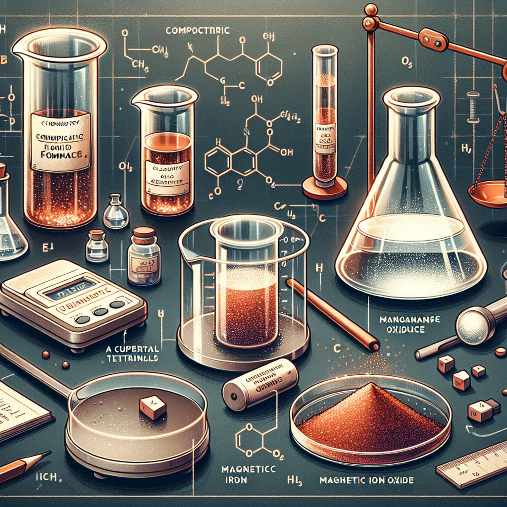 Design an illustrative graphic depicting a chemistry concept related to empirical formulas. For instance, envision some empty beakers and analytical balances ready for compound analysis on a laboratory table. Zoom in on one beaker containing a crystal-like substance, indicating a compound under examination. Also, visualize a decomposing alkaline battery with copper terminals and manganese dioxide within, a clear glass vial holding a volatile substance representing a compound with chlorine and oxygen, and a finely powdered reddish-brown substance in a petri dish representing magnetic iron oxide.
