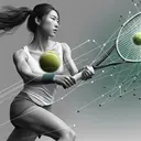Create an image depicting an East Asian female tennis player in action, swinging her racket and hitting the tennis ball. Illustrate the force exerted by the racket on the ball, possibly including vectors or other graphics to demonstrate how the force affects the direction and speed of the ball's motion, while maintaining the realism of the scene.