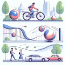 Illustrate a physics-themed scenery without any text. Include visual representations of a bicycle moving, a marble rolling away from a table, a car traveling in the east direction, and a student walking down the street. All these elements should be distinctly separate, creating an informative and engaging scene.