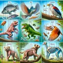 Visualize an engaging image showing a group of different vertebrates including a fish, bird, reptile, and mammal. Each animal is highlighted in a unique way: fish showing its scales, bird flapping its wings, a reptile stretching its limbs, and a mammal standing upright displaying its backbone. They are all presented in a bright and lively natural environment. The image purposefully avoids focusing on any single animal's brain. Remember, the image should not contain any text.