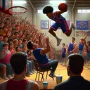 A vibrant scene captures the essence of a high school basketball game. Watch as Teddy and Chris, a Hispanic and Black high school duo, immerse themselves in an energetic half-time show. They fascinate the imaginative spectators that have gathered from distant towns. Watch as Teddy, with his curly black hair, makes a fearless slam dunk, while Chris, with a short buzz cut, dazzles the audience with intricate dribbling techniques and mesmerizing trick shots. Imagine the small but packed school gymnasium, with an air of anticipation and exhilaration. Yet, in the corner, the stern principal observes, contemplating the feasibility of a larger gym.