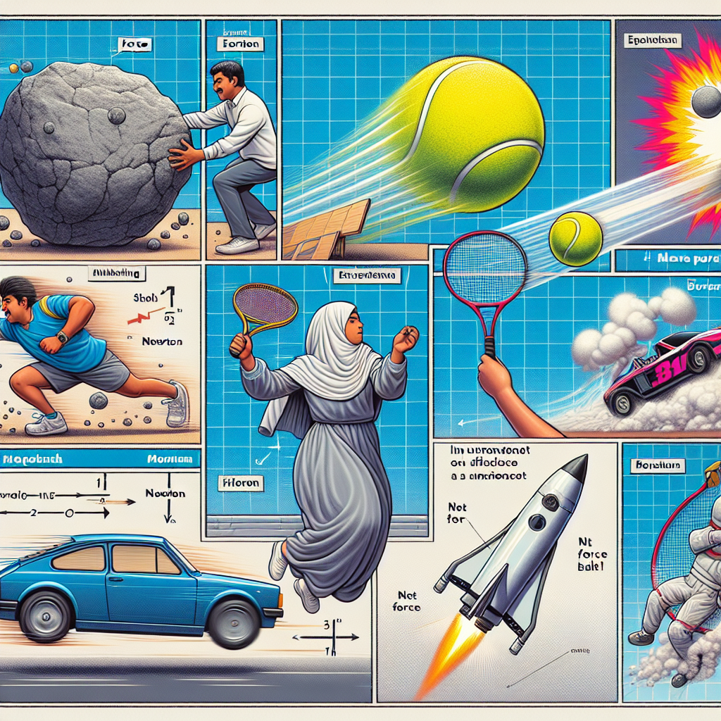 Imagine a detailed educational poster that helps explain these physics concepts. In one corner, depict a person exerting a force while pushing a large boulder, symbolizing the concept of Newton as a unit of force measurement. Elsewhere, the action of a Middle-Eastern female tennis player is frozen mid-swing, the racquet in contact with a neon yellow tennis ball, demonstrating the influence of force on motion. In another part, a speeding toy car suddenly coming to a halt due to an unexpected wall, illustrating a net force causing a stop. Lastly, highlight a rocket zooming through space, conveying the concept of momentum.