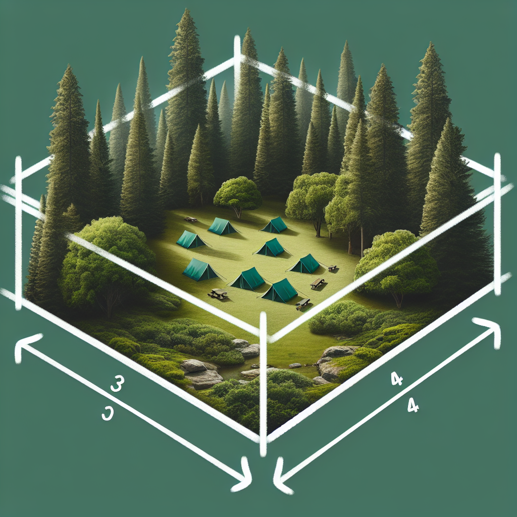 Create a visually pleasing, text-free image that portrays a rectangular National Forest campsite with lush green vegetation and towering trees surrounding it. The campsite's perimeter consists of a clear outline with the longer side measuring approximately one meter. Make sure to apply the right scale, presenting a broad, continuous view of the enclosure. The ratio of the dimensions of the rectangle should reflect a 3:4 aspect ratio, with the width being 3 and the taller side being 4. No people or animals should be in the enclosure - the focus is entirely on the landscape and the rectangle outline.