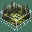 Create a visually pleasing, text-free image that portrays a rectangular National Forest campsite with lush green vegetation and towering trees surrounding it. The campsite's perimeter consists of a clear outline with the longer side measuring approximately one meter. Make sure to apply the right scale, presenting a broad, continuous view of the enclosure. The ratio of the dimensions of the rectangle should reflect a 3:4 aspect ratio, with the width being 3 and the taller side being 4. No people or animals should be in the enclosure - the focus is entirely on the landscape and the rectangle outline.