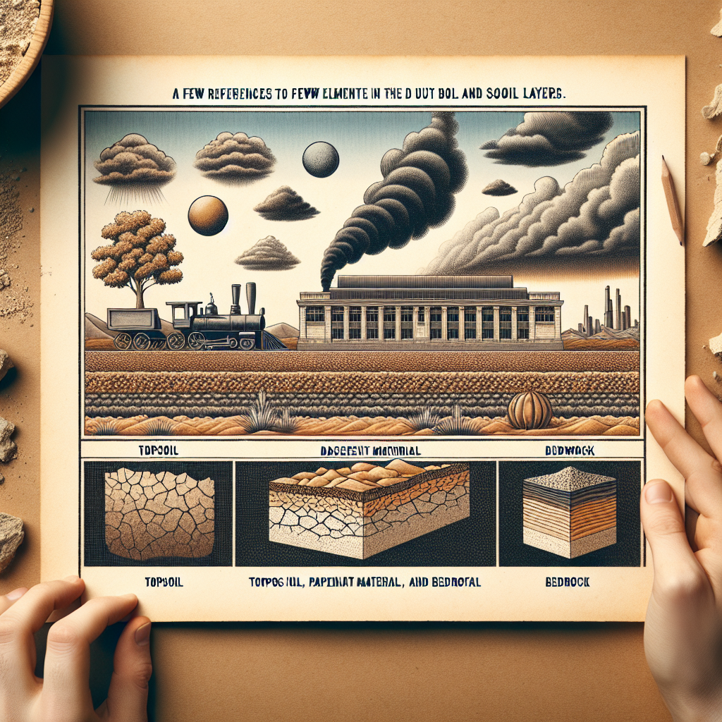 Create an image showcasing references to few elements related to the Dust Bowl in the 1930s and soil layers without any text. The imagery should include: a barren landscape symbolizing poor land and soil management, excessive dust in the air showing dust storms, and distinctive soil layers including topsoil, parent material, and bedrock. Also, depict some elements illustrating soil's potential roles as a filter and a natural building material.