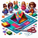 Visualize an 18 cm by 18 cm piece of fabric in vibrant colors. Jordan, a young Caucasian girl with curly brown hair, is precisely cutting it to create a small tent. The tent is designed as a miniature triangular prism, perfect for doll play. The dolls, which are in the background, are diverse in their races and styles, looking eager for the tent. A pair of scissors and some scraps of unused fabric are kept aside, indicating the leftover fabric. Render this without any text.