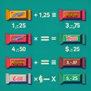 Generate an image illustrating a price comparison between two candy bars. Candy Bar 1 has a proportional cost system, where the prices are as follows: 1 bar costs $1.25, 2 bars cost $2.50, 3 bars cost $3.75, 4 bars cost $5.00, and 5 bars cost $6.25. On the other hand, Candy Bar 2 has a cost system where the cost directly equals the quantity (y=x). The image should visually represent these pricing systems in such a way that the viewer can understand the cost per bar for each candy type. Please not to include any text within the image.