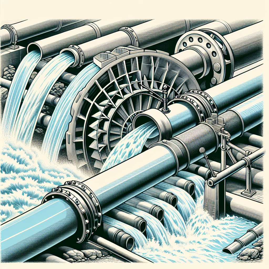 Create an illustrative picture featuring the following components. First, depict a pipe system with water flowing through it, emphasizing the water pressure involved, possibly through visible force or motion. Next, show a water turbine or mill inserted into the flow of water, capturing the movement and force generated by the water. Lastly, incorporate a perspective that clearly conveys the length and diameter of the pipe system. Specifically, focus on a few pipes with varying diameters and lengths for comparison. The image should be diverse yet balanced, and remember, it should contain no text.