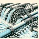 Create an illustrative picture featuring the following components. First, depict a pipe system with water flowing through it, emphasizing the water pressure involved, possibly through visible force or motion. Next, show a water turbine or mill inserted into the flow of water, capturing the movement and force generated by the water. Lastly, incorporate a perspective that clearly conveys the length and diameter of the pipe system. Specifically, focus on a few pipes with varying diameters and lengths for comparison. The image should be diverse yet balanced, and remember, it should contain no text.