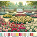 Illustrate an aesthetically pleasing park scene featuring a meticulously cared for flower bed filled to the brim with 96 roses. The array of roses should exude vibrant colors assigned in particular ratios - half of them should be in a sun-kissed shade of yellow, a quarter should bloom in a lush ruby red, while the rest should engulf in delicate blush of pink. The scene should be devoid of any written text.