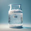 Generate an image showing a glass container filled with clear water. Inside this container, small white crystalline particles representing Sodium Bicarbonate (NaHCO3) are dissolving. The water itself is contained within volumetric lab glassware that's marked with a 200.0ml marker. The overall image is visually appealing and does not contain any written text.