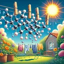 Illustrate a scene of a metal laundry line hanging low, drooping due to the warmth of a sunny day. Show the laundry line in a backyard filled with blooming flowers and green grass. The sun is shining brightly in the sky, implying the heat. Additionally, depict the molecular movement associated with kinetic molecular theory, with small, abstract representations of molecules vibrating around the metal line, reflecting the idea of increased kinetic activity during warmer temperatures.