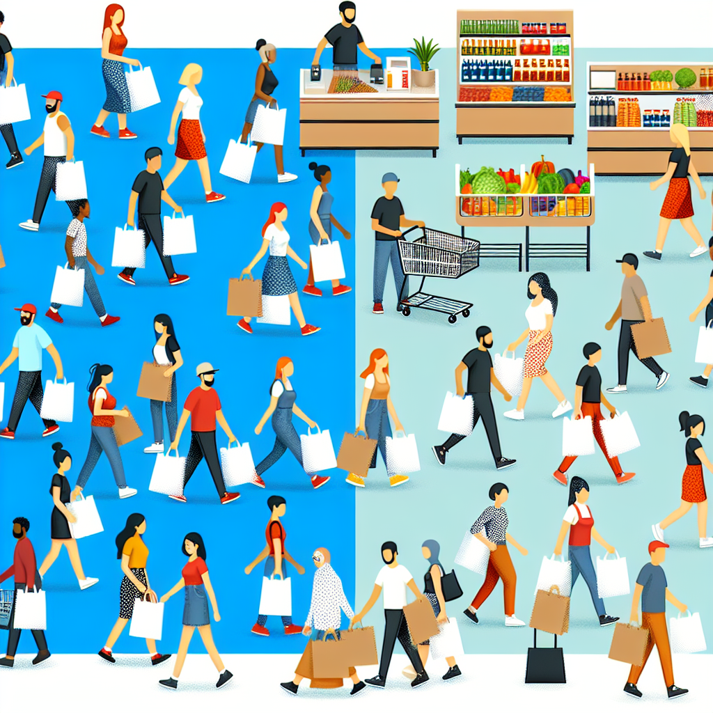 Illustrate an image of a bustling supermarket scene with diverse people of various descents and genders actively shopping. Half of them are holding plastic bags and the other half are holding paper bags. The shoppers are randomly dispersed, with interactions at checkout counters and in aisle, culminating to a scene which represents a 50-50 distribution of supermarket shoppers with different bag preferences.