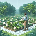 An image illustrating the given scenario. Depict a male Asian farmer standing in the midst of a lush, two square kilometer rainforest, examining a variety of plant seedlings, with a special focus on type B plant. The farmer appears to be in deep thought, suggesting that he is considering which seedling to choose for experimentation. No text or tables are present in the image.