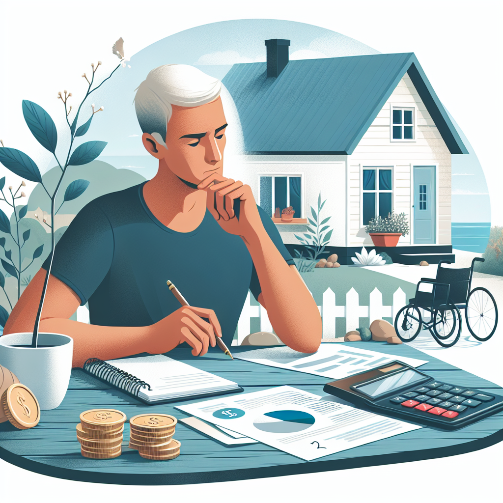 Create a peaceful image depicting a man thoughtfully planning his retirement. The man, of Caucasian descent, should be seen sitting at a desk with various financial papers and a calculator, suggesting the calculation of his average salary and savings. In the background, we can see elements of a comfortable retirement, such as a cosy house, a garden and maybe a rocking chair or a fishing rod. The image should convey a sense of aspiration and responsible planning, but also reveal a sense of confusion or uncertainty, indicating the challenge the man faces in translating his goal into precise terms.