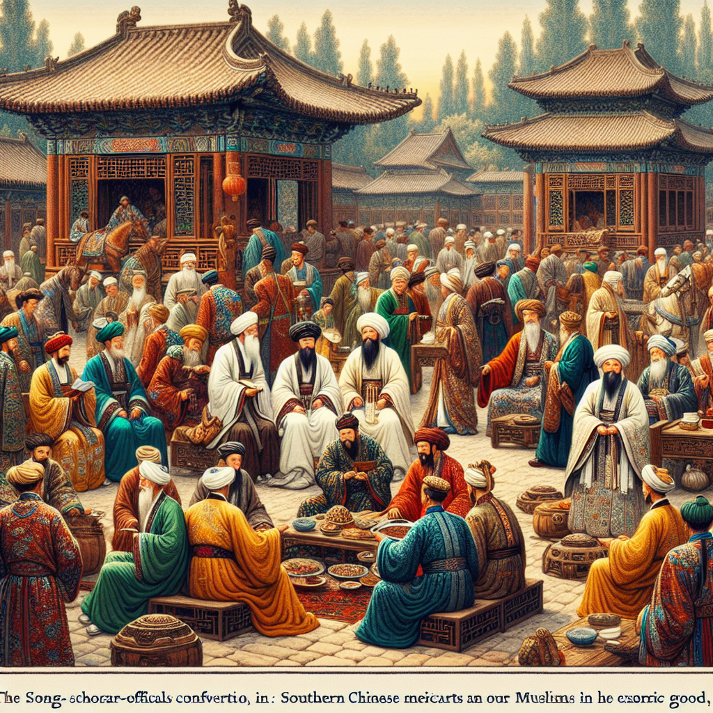 Create a speculative interpretation of a scene from Yuan dynasty era (1271-1368). Showcase four diverse groups of people representing Song scholar-officials conferring in scholarly robes; southern Chinese merchants with their exotic goods; northern Chinese nobles adorned in luxurious garb; and Turks along with other Muslims in traditional attires, interacting harmoniously in an idyllic environment. Whilst illustrating, ensure zero textual elements are incorporated into the visualisation.