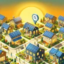 Create an image that visually answers the question about the effectiveness of solar panels for residential use, but contains no text. Depicting a sunlit suburban area with diverse styles of homes, each with solar panels on their rooftops. The atmosphere is bright and eco-friendly, showcasing people of various descents (e.g., Middle Eastern, Hispanic, Black) inspecting or installing the solar panels, emphasizing the feasibility of solar energy in residential areas. Include a symbol of an internet search icon subtly hovering over one of the houses, indicating the concept of researching online.