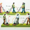 An illustration of a physics concept involving four persons, symbolised with varying characteristics. They are all in the act of mowing a lawn, using a lawnmower. Each person is portrayed exerting different levels of force with accompanying details: Person 1, a Middle-Eastern female, displays a 2N Force with a 10m displacement; Person 2, a Hispanic male, displays a 10N Force with a 2m displacement; Person 3, a Caucasian male, displays a 2N Force with a 5m displacement; and Person 4, a South Asian female, displays a 5N Force with a 2m displacement. The backdrop is an expanse of green lawns, with each person standing in a different portion.