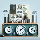 A clear image representing the concept of simple interest calculation. The image should showcase a visual depiction of a substantial amount of money, say 280 stacks of coins or bundles of cash, an analog clock showing time passage of 5 years, and a percentage symbol to denote 3 percent annual interest. The visual must illustrate the mathematical calculation involved in simple interest, without using any text.
