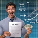 Create an image of an enthused young Hispanic man, Manuel, holding a document indicating he got a new job. In the background, visualize an abstract representation of the mathematical function f(x)=1,500x + 300 with a line graph on a grid. Show the 'y-intercept' marked distinctly, possibly with a symbolic stack of money or coins, to depict the hiring bonus. Ensure there is no text in the image.