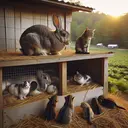 An image of a serene farm in North Carolina. The farm is extensive, populated by various animals. The focus is on a large hutch housing two creatures: a rabbit and a cat. Both are mothers, caring for their mixed litter of kittens and kits. The interaction between the cat and rabbit is harmonious - a testament to their successful introduction and ensuing friendship. As they nurture their young, one could notice the evidence of their mutual care and shared responsibility. The comforting image captures an otherwise ordinary day on the farm which has gained viral attention.