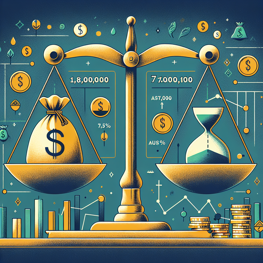 An abstract illustration symbolizing financial or economic concept related to project investment. Show a balance scale with two sides, on one side, there should be a bag of gold coins representing an initial investment of 1.8 million Australian dollars. On the other side, there should be three bags of cash representing the expected three-year return of AUS$710,000 each year. To represent the 7.5% interest rate, depict a small hourglass partially filled at the center of the balance. In the background, subtly include the outline of the Australian continent as a geographical reference. Use a color palette dominated by gold, green, and blue.