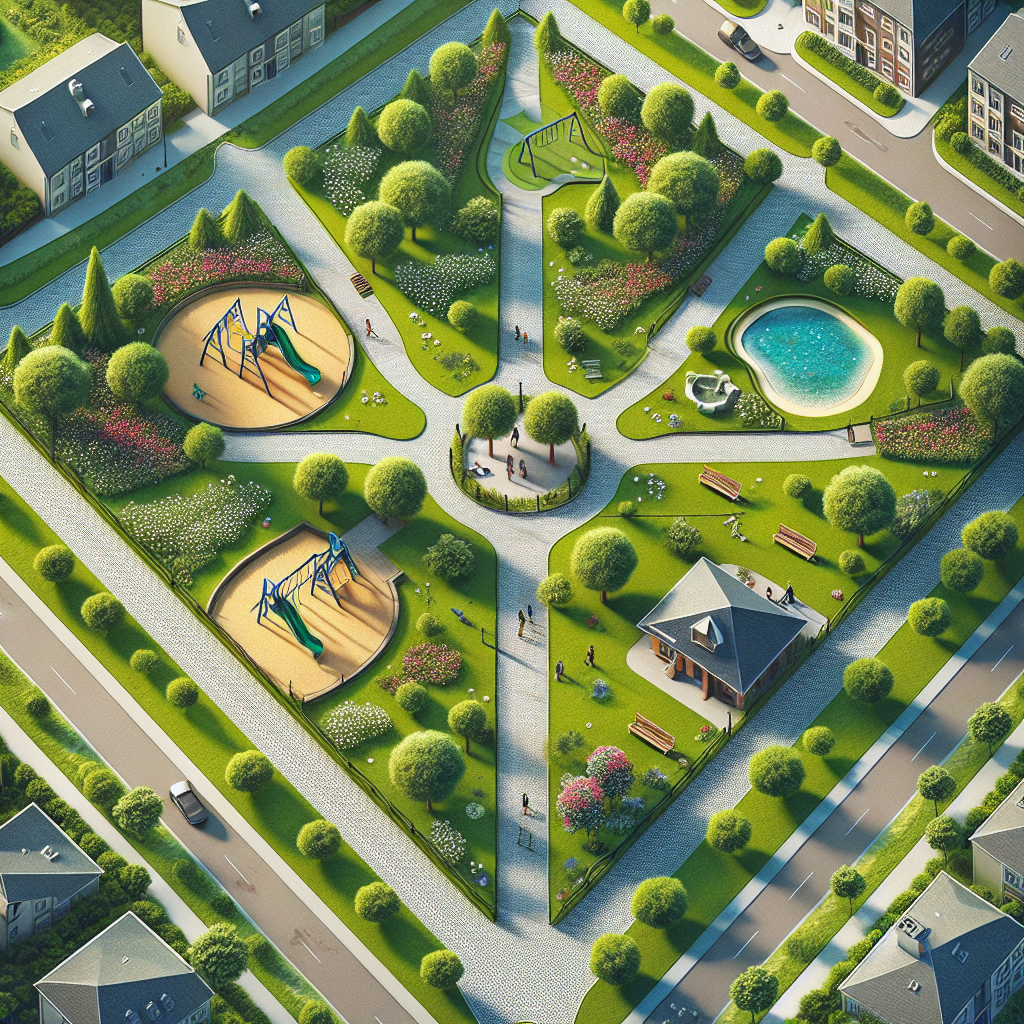 A detailed image of a park viewed from a bird's-eye perspective. The park has a unique, triangular shape. Each side of the triangle represents a different measurement, one side measures 20 yards, the second one measures 30 yards, and the third side of the triangle measures 50 yards. The park is filled with lush green grass, blooming flowers, scenic trees, and a winding cobblestone path. A small playground with a swing set and a slide is positioned in one corner while a peaceful pond can be seen in another corner. There is a comfortable bench positioned near the pond where people can sit and enjoy the serenity of the park.