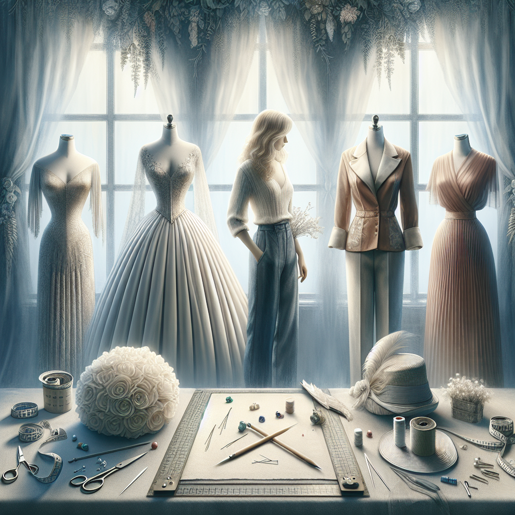Visualize a compelling scene related to the concept of garment tailoring. Include five distinct visual elements associated with adjustments and refinements in clothing design. Display a range of garments with different fullness levels, such as a billowing ball gown, a cinched waist jacket, a pleated skirt, a flared dress, and a draped shirt to represent possible reasons for disposal of fullness. To enhance understanding, include some tailoring tools such as a tape measure, chalk for marking, pins, and a pair of scissors. The image should have a serene and calm atmosphere to make it visually appealing. Remember, the image should contain no written text.