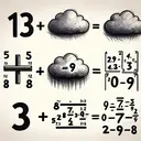 Draw an image representing mathematical equivalents, conceptually representing the numbers and operations but without any text. Visualize a 13, accompanied by a symbol for subtraction, followed by a cloud representing the absence of a digit 7.42. Complement these elements with an illustration representing the idea of zero powers. Next, depict a three and an enclosing element to show parenthesis containing an 8 and another zero-exponent symbol. Lastly, imagine a symbol for an addition operation connecting a five and a nine, both morphing into the power of zero, and a negative 2.97 truly vanishing under the potent impulse of zero exponent.