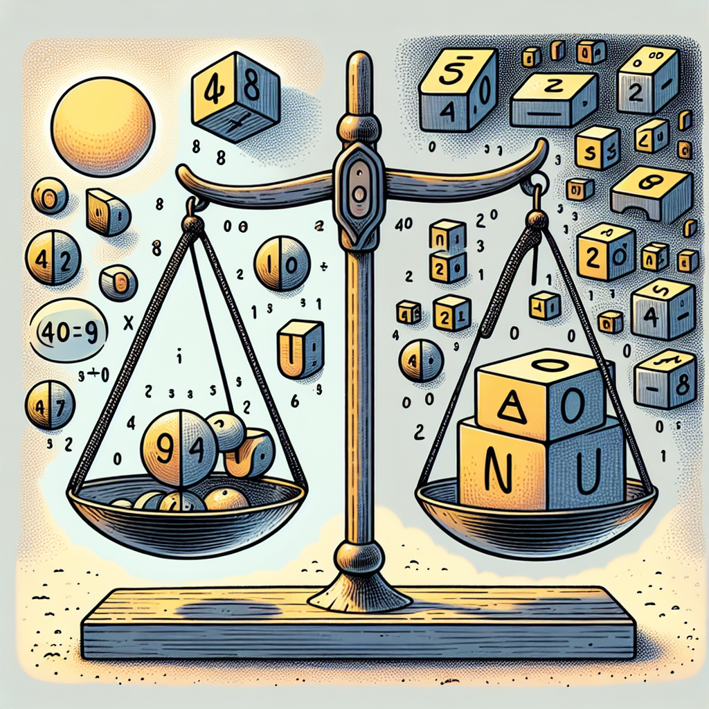 Illustrate an abstract mathematical concept with symbols and shapes. The scene should show two balances. On the left balance, depict a weight labeled '8' multiplied by a cube, symbolizing '10 to the power of 3'. On the right balance, a weight labeled '40 times', then an alphabetic block labeled 'a' being multiplied by a square, symbolizing '10 to the power of 2'. Make sure to imply equilibrium between both scales, whispering a sense of solving for 'a'. Remember -- no text, just symbols, weights, and balance scales.