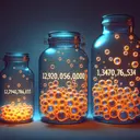 Create an image that visually illustrates a comparison of large numbers via scientific notation. Specifically, depict three glass jars of different sizes, each containing a different amount of glowing orbs. The largest jar, symbolising the number 12,920,370,000, is filled to the brim with these orbs. The medium-sized jar represents 12,740,876,635 and is also full but slightly less so than the largest jar. The smallest jar stands for 1,345,763,334, and contains significantly fewer orbs than the others. There should be a minor glow coming from each orb. Ensure the image does not contain any text.