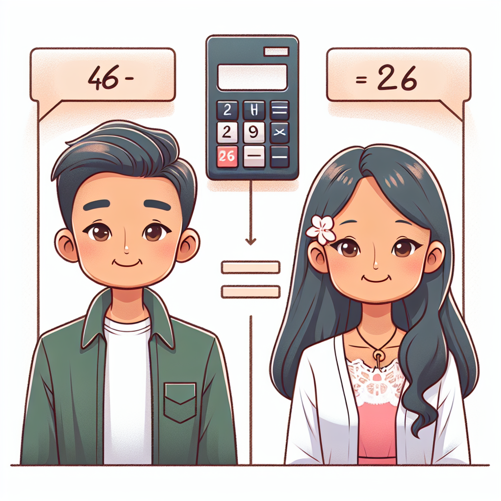 Create a detailed image related to age calculation concepts. Show a scenario where two Eastern Asian individuals of different ages, symbolizing Kendra and Justin, are standing, with Kendra noticeably younger. Between them, a half-split symbol signifies their age difference. Please bear in mind that the image should contain no text or equations.